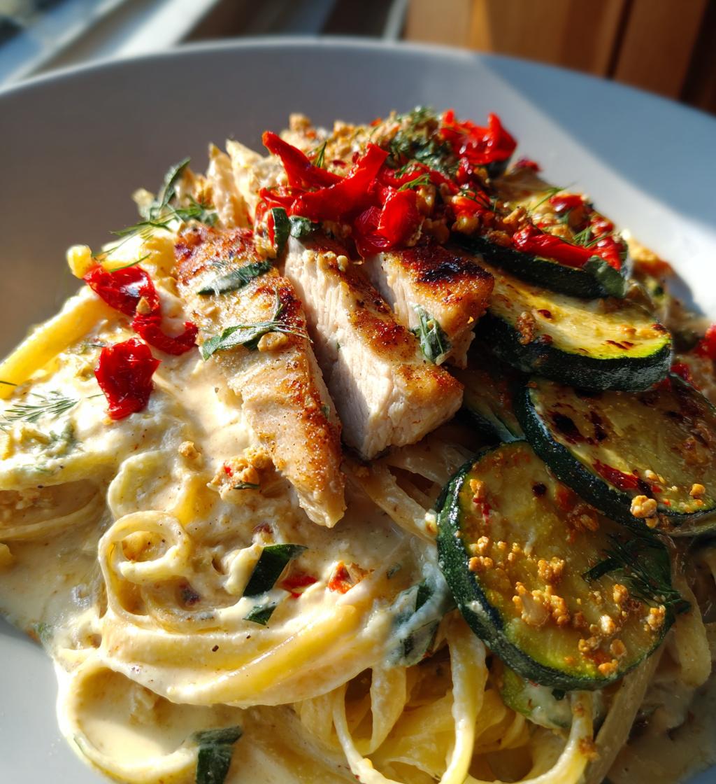 lemon dill chicken alfredo with roasted red pepper whipped feta crispy parmesan zucchini