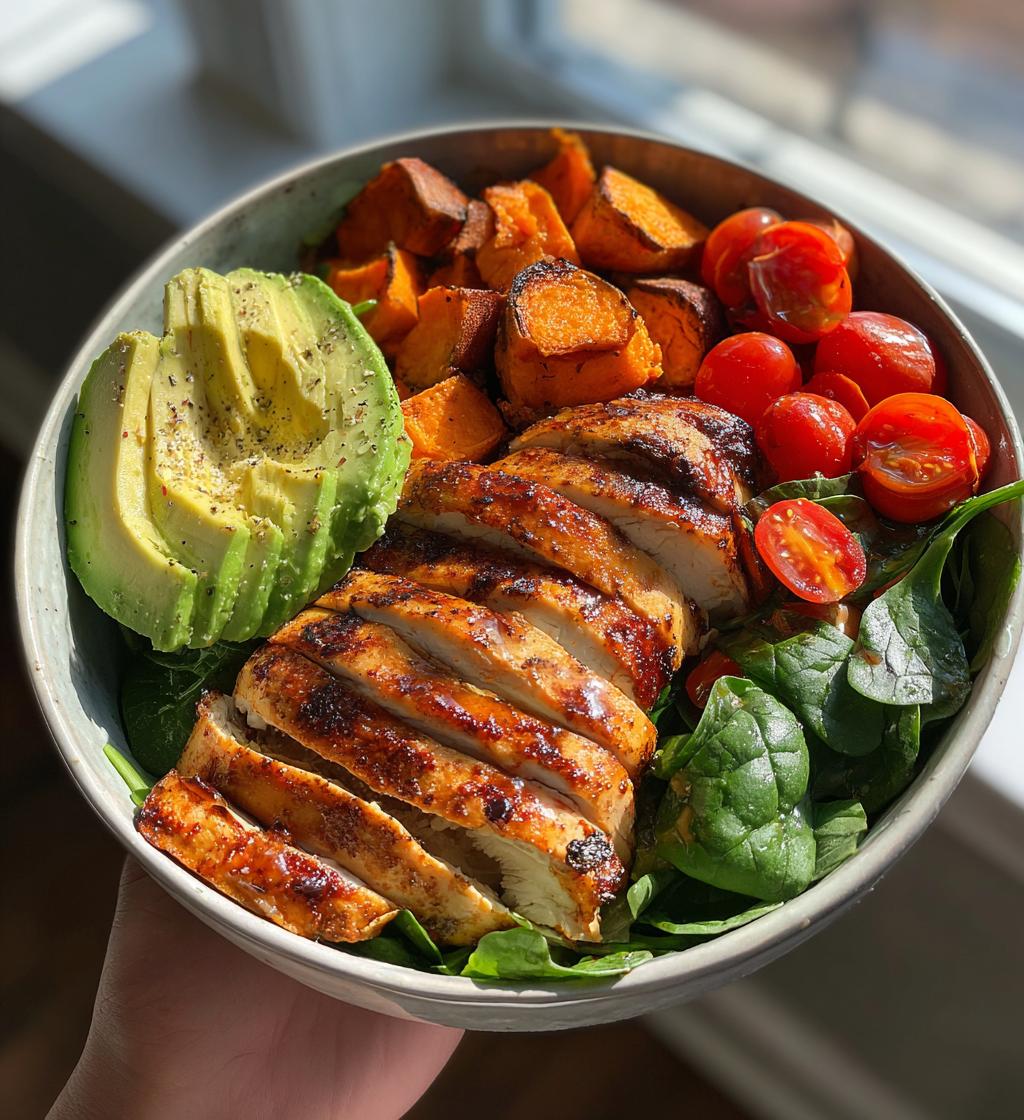 loaded grilled chicken sweet potato power bowl