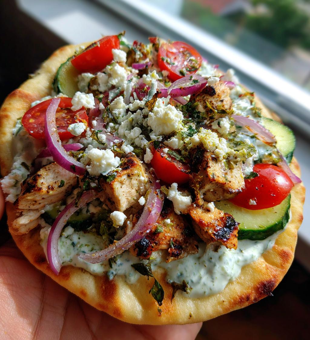 mediterranean tzatziki chicken naan pizza