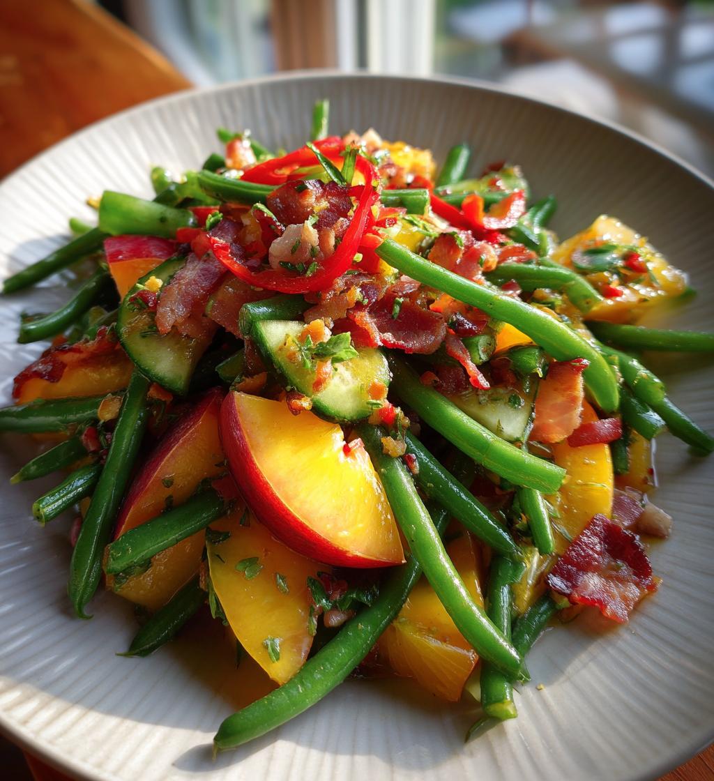 nectarine salad with chili cucumber green beans pancetta - detail 1