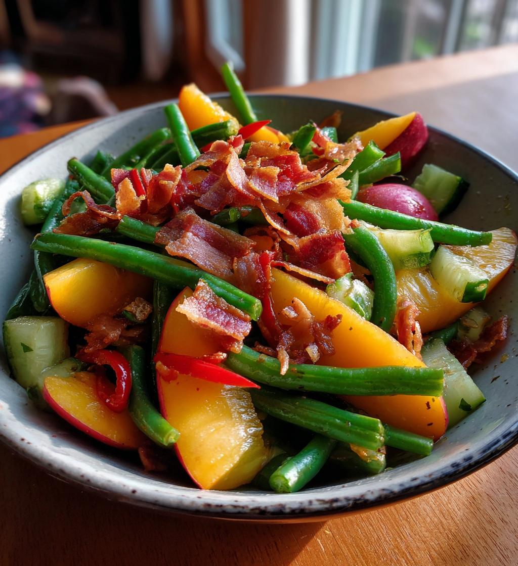 nectarine salad with chili cucumber green beans pancetta