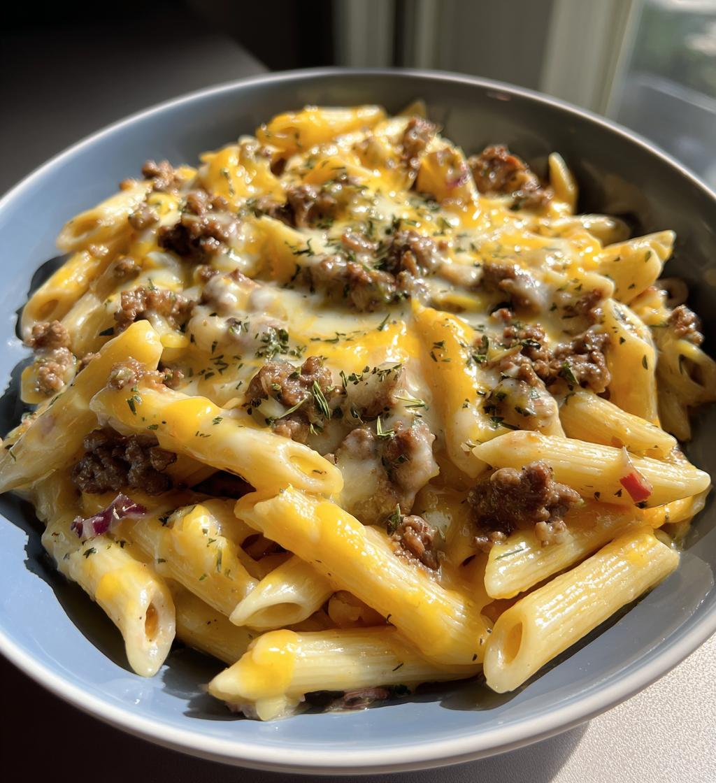 one pot cheesy beef garlic penne - detail 1