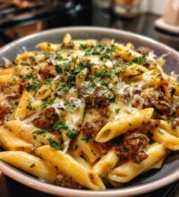 one pot cheesy beef garlic penne