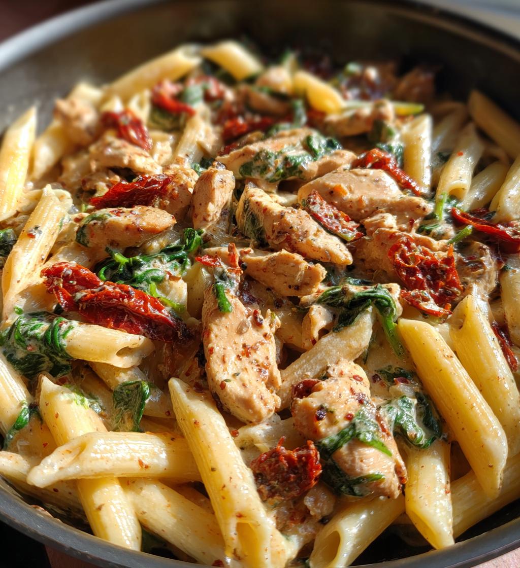one pot tuscan chicken pasta recipe - detail 1