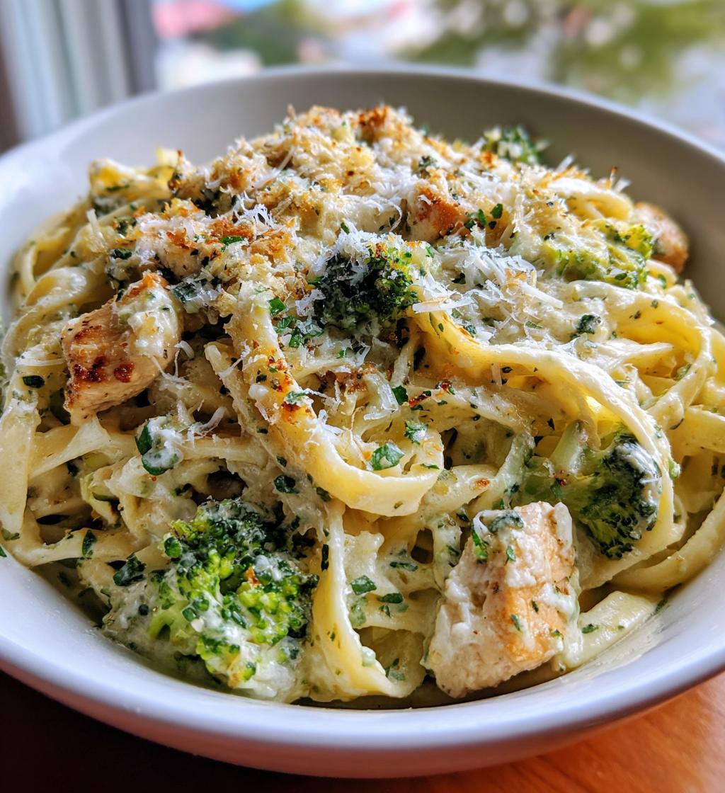 pesto chicken alfredo with spicy feta cream parmesan broccoli crunch - detail 1