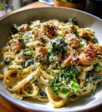 pesto chicken alfredo with spicy feta cream parmesan broccoli crunch