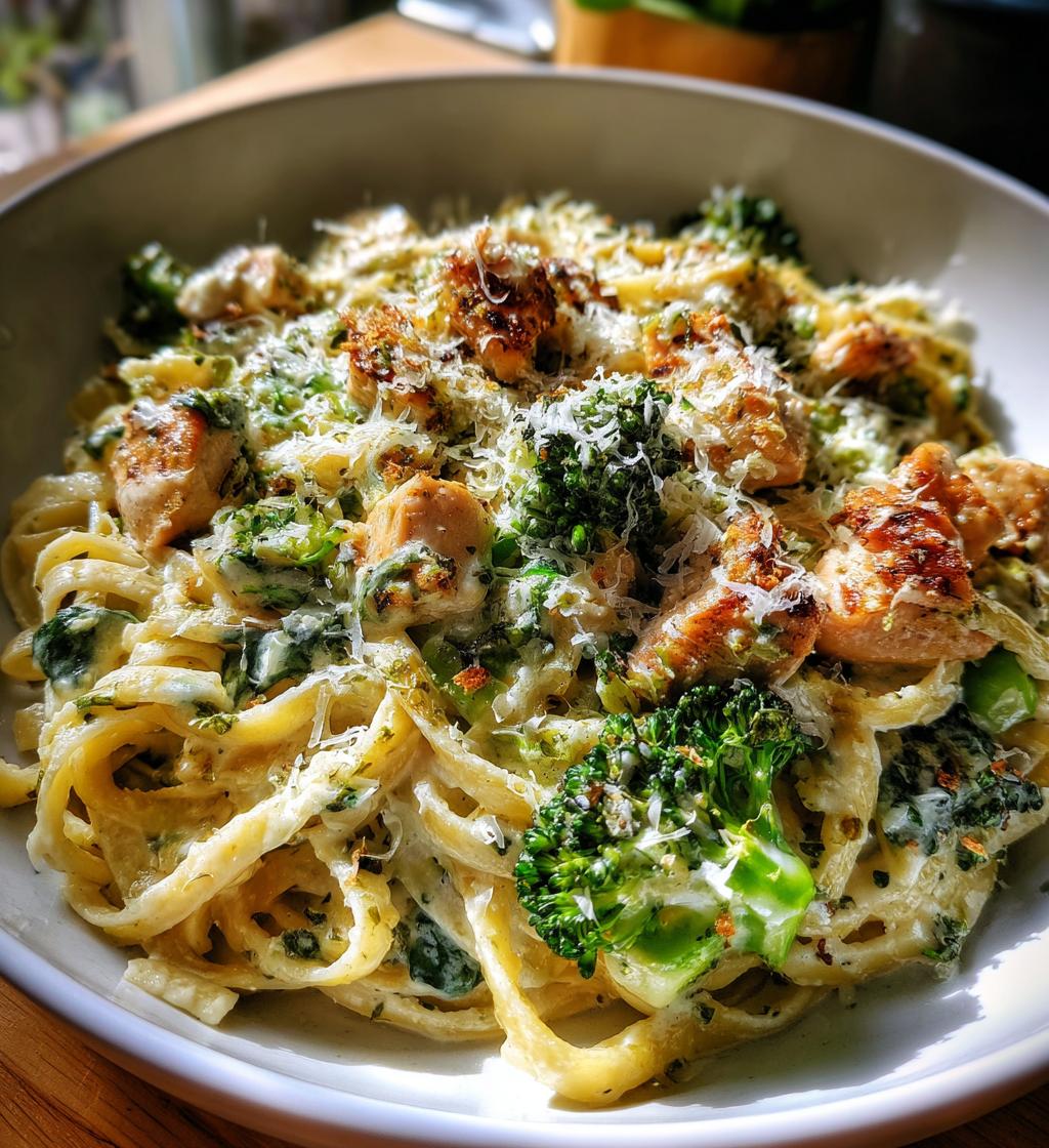pesto chicken alfredo with spicy feta cream parmesan broccoli crunch
