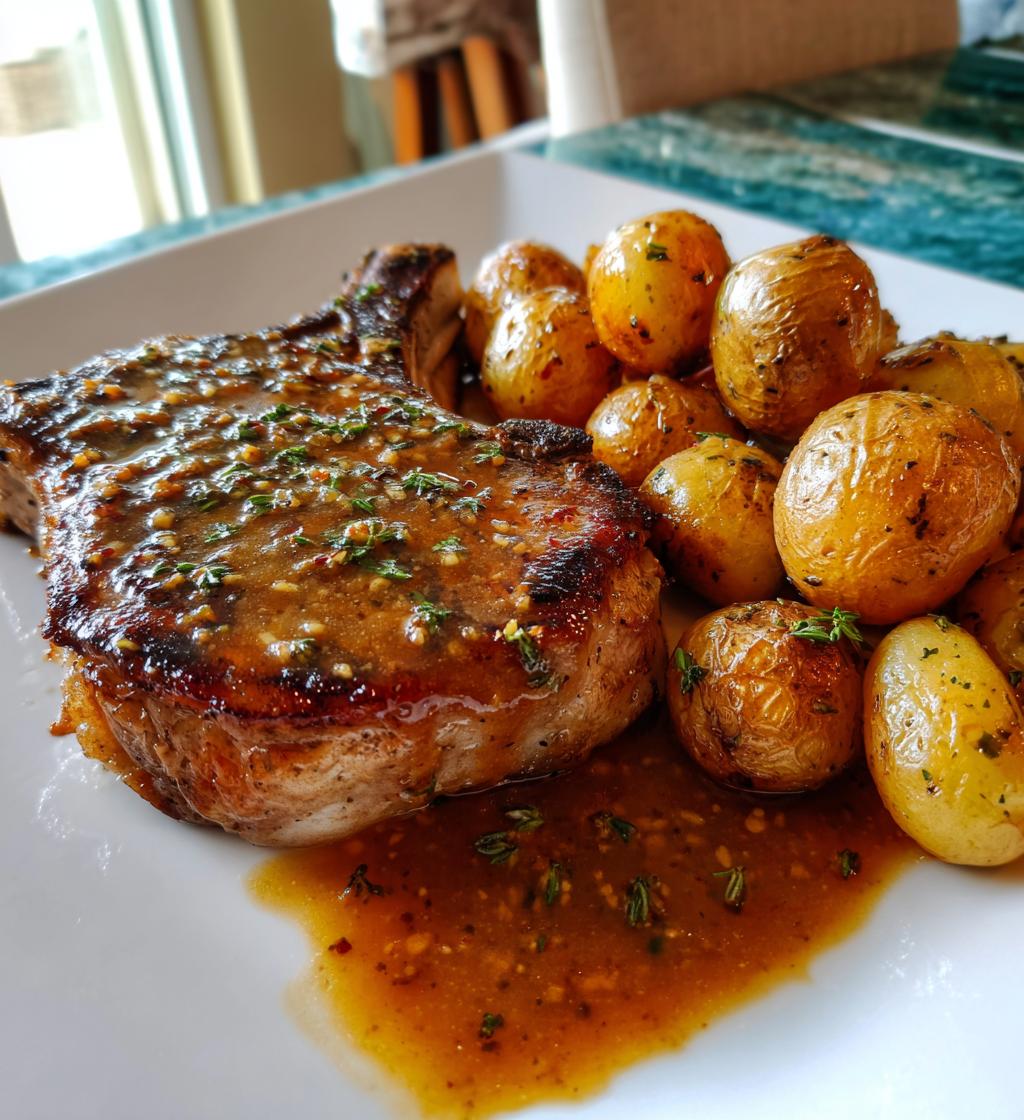 pork chops in apple cider sauce with herb roasted potatoes - detail 1