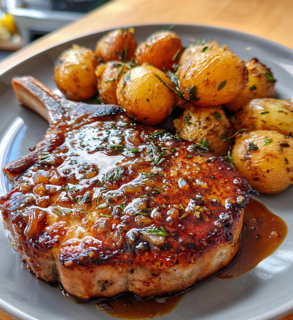 pork chops in apple cider sauce with herb roasted potatoes