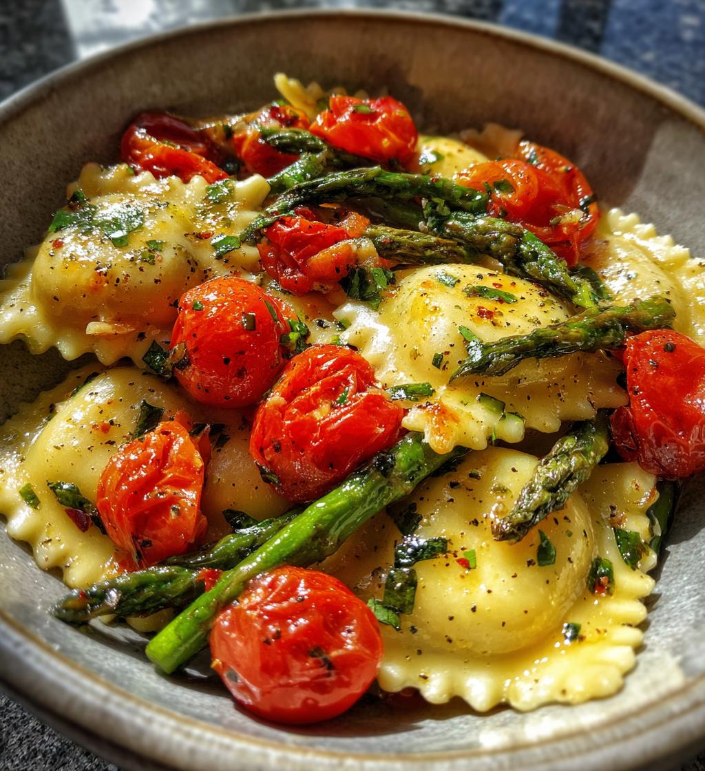 ravioli with tomatoes asparagus garlic and herbs - detail 1