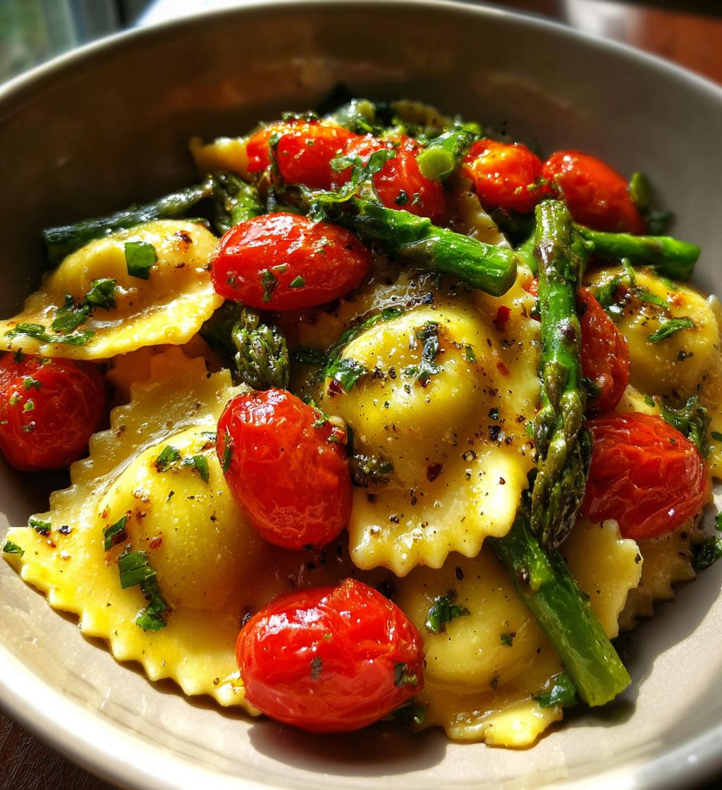 ravioli with tomatoes asparagus garlic and herbs