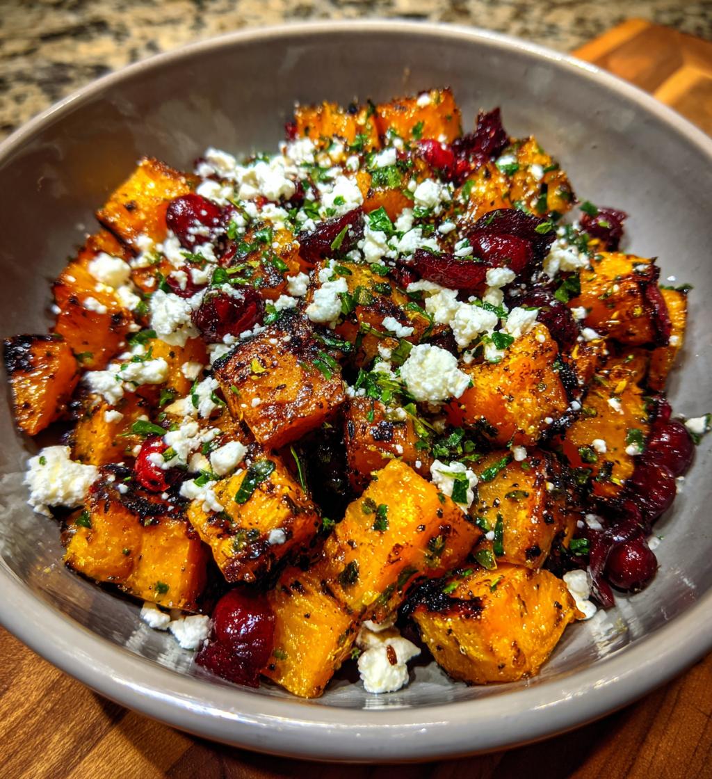 roasted butternut squash with cranberries and feta