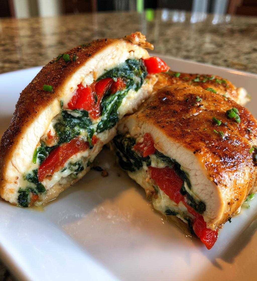 roasted red pepper spinach mozzarella stuffed chicken - detail 1