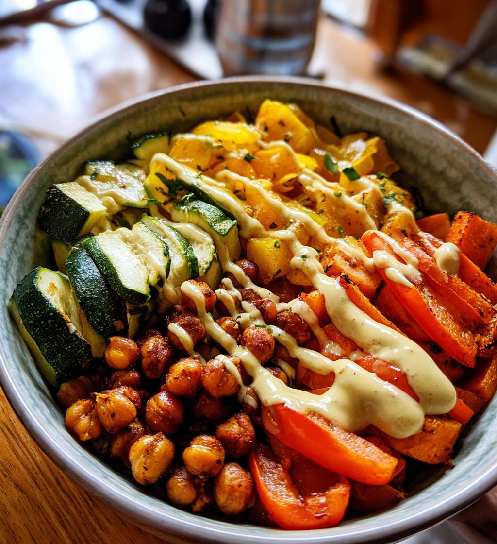 roasted veggie chickpea bowls with maple dijon tahini dressing
