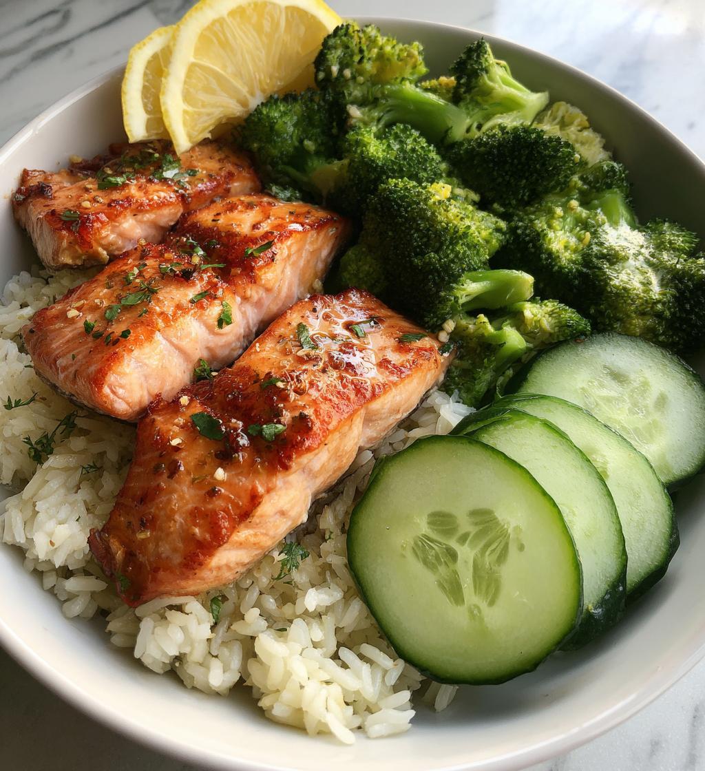salmon broccoli rice cucumber plate - detail 1
