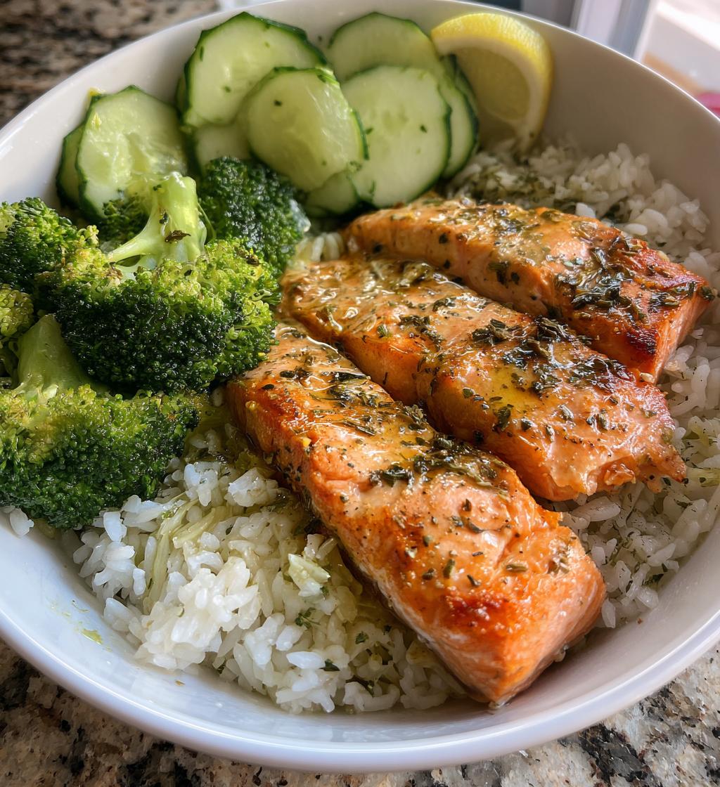 salmon broccoli rice cucumber plate