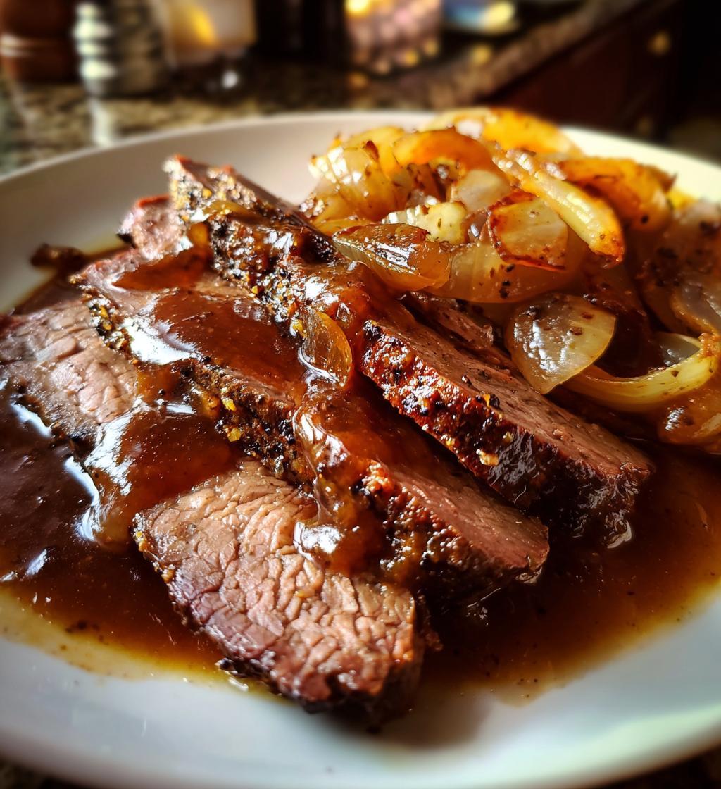 slow cooker brisket with balsamic onion gravy - detail 1