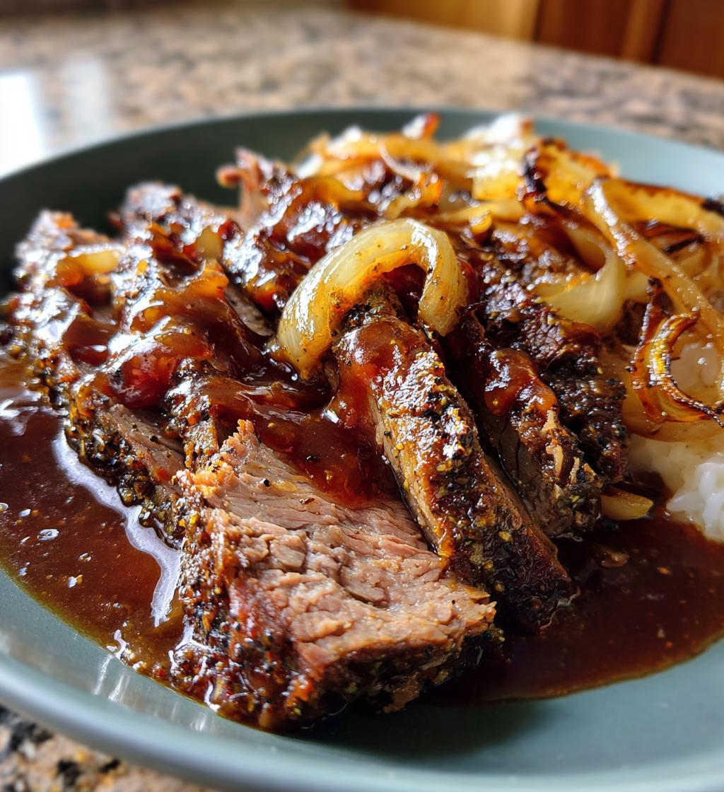 slow cooker brisket with balsamic onion gravy