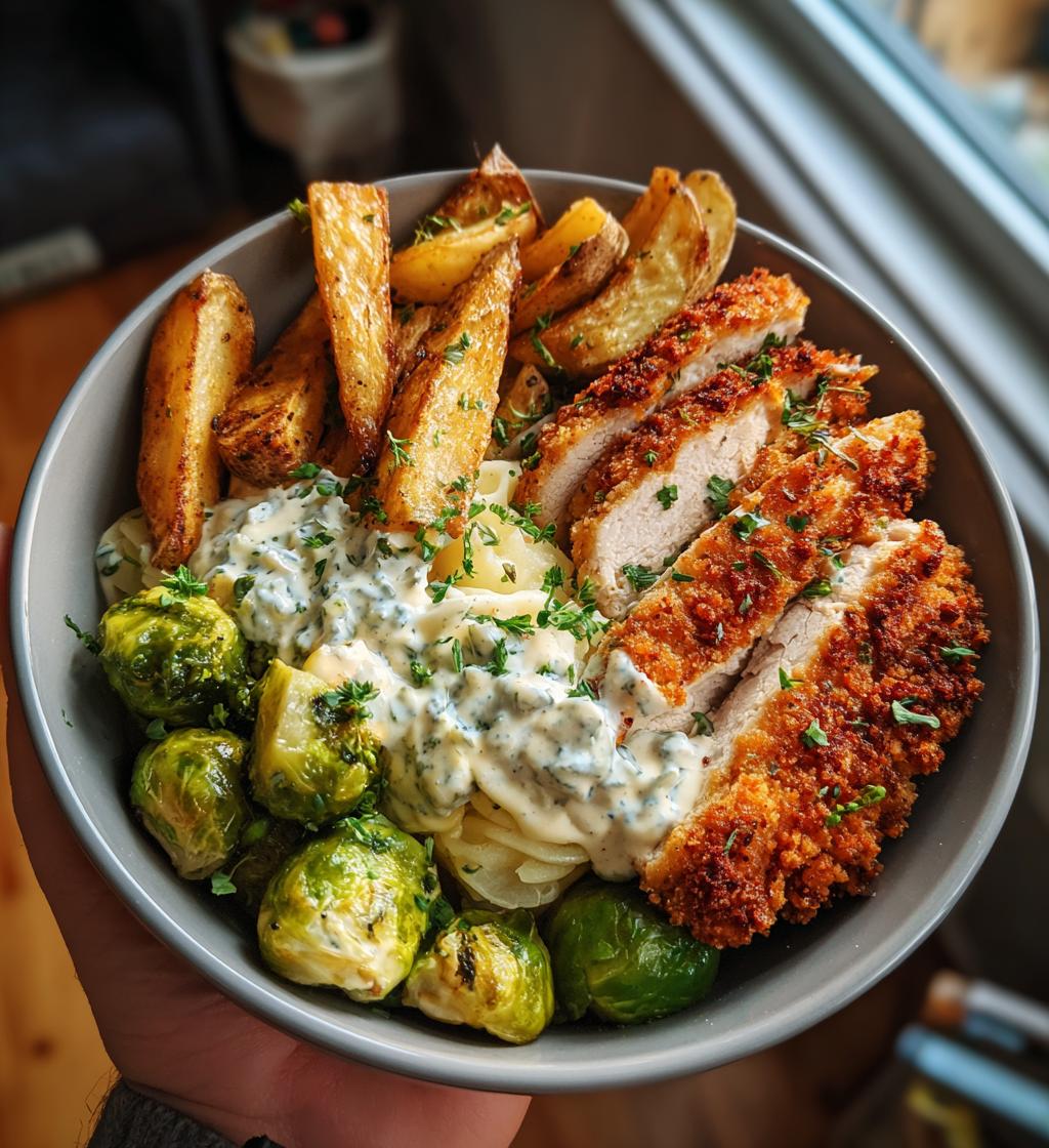 smoked paprika chicken alfredo with feta tahini cream crispy brussels potato combo wedges - detail 1