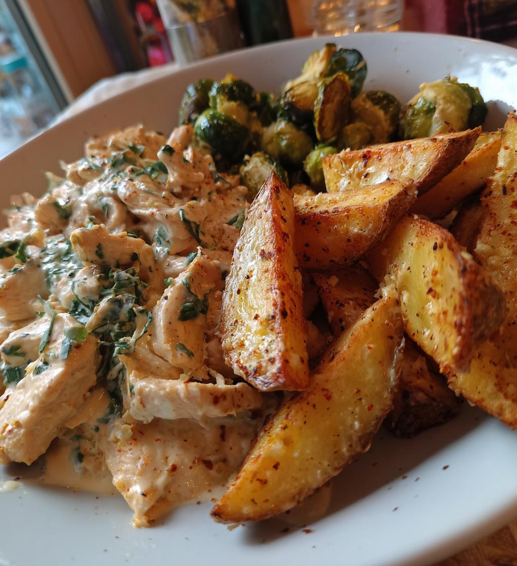 smoked paprika chicken alfredo with feta tahini cream crispy brussels potato combo wedges