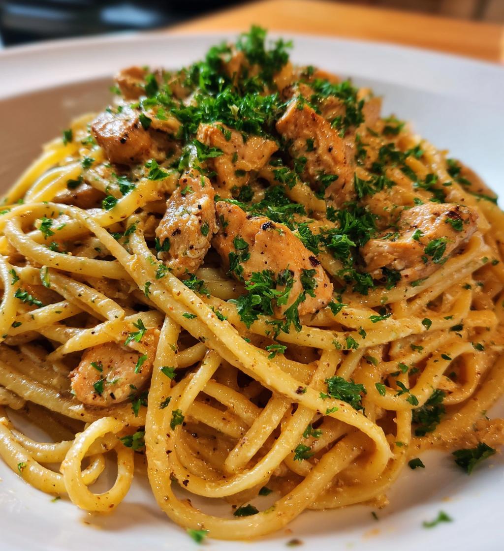 spicy cajun chicken linguine in creamy garlic parmesan sauce