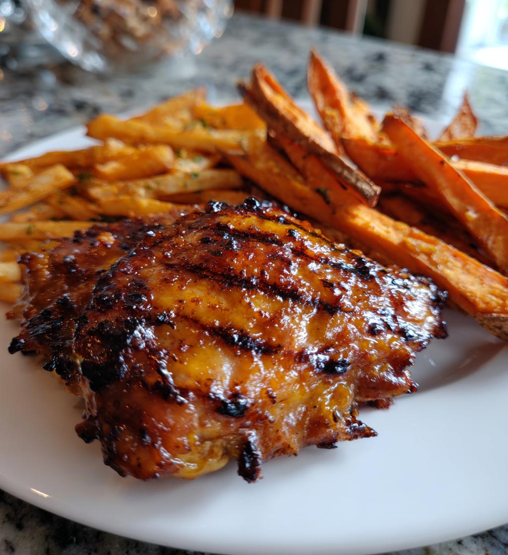 spicy mango habanero chicken thighs sweet potato fries - detail 1