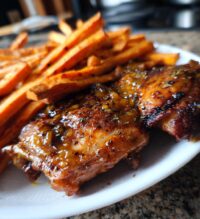 spicy mango habanero chicken thighs sweet potato fries