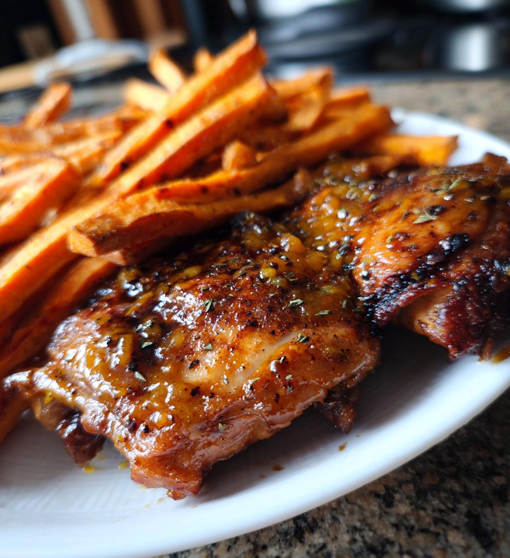 spicy mango habanero chicken thighs sweet potato fries