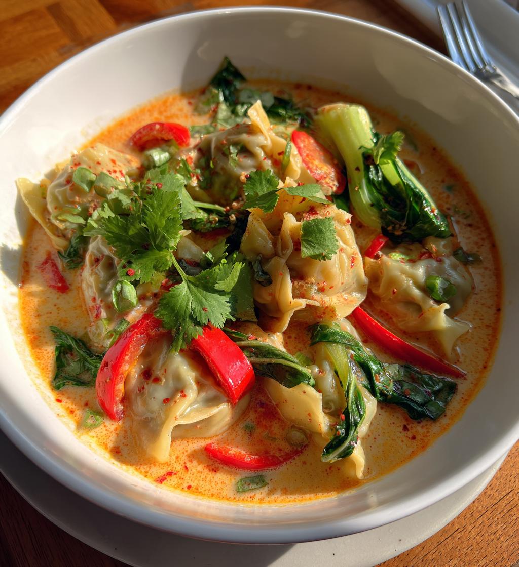 spicy red curry wonton soup - detail 1