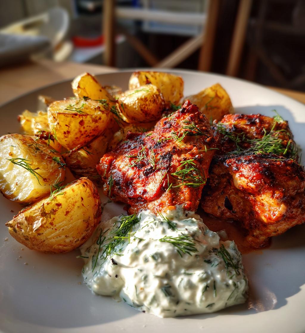 spicy yogurt marinated chicken with dill feta cream crispy baby potatoes - detail 1