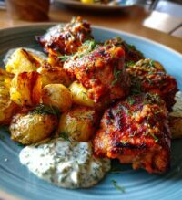 spicy yogurt marinated chicken with dill feta cream crispy baby potatoes