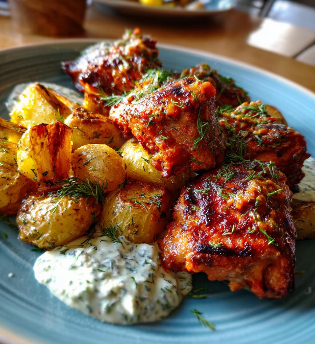 spicy yogurt marinated chicken with dill feta cream crispy baby potatoes