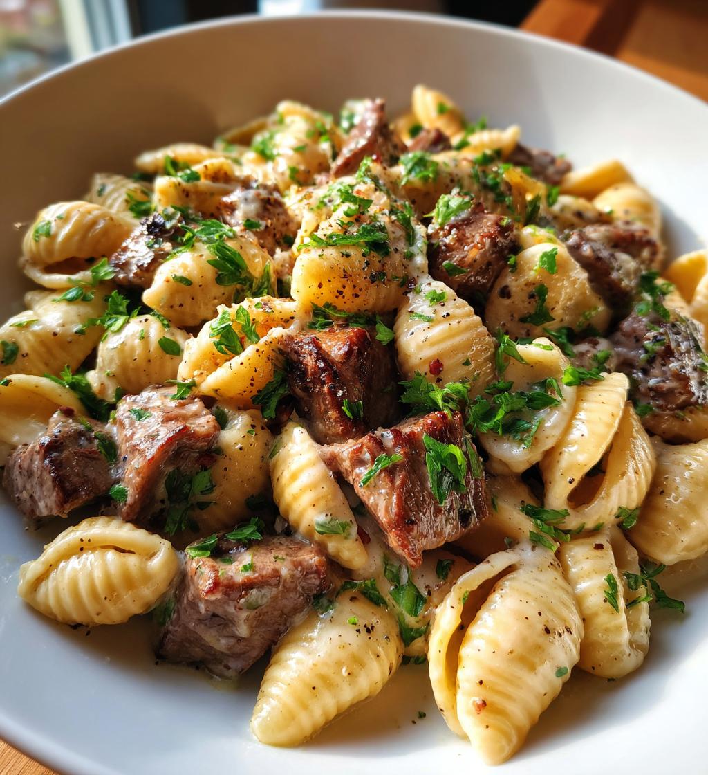 steak bites and shell pasta in garlic butter alfredo sauce - detail 1