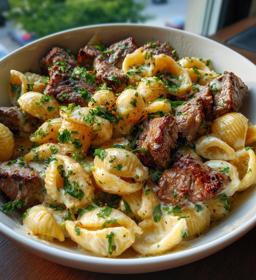 steak bites and shell pasta in garlic butter alfredo sauce