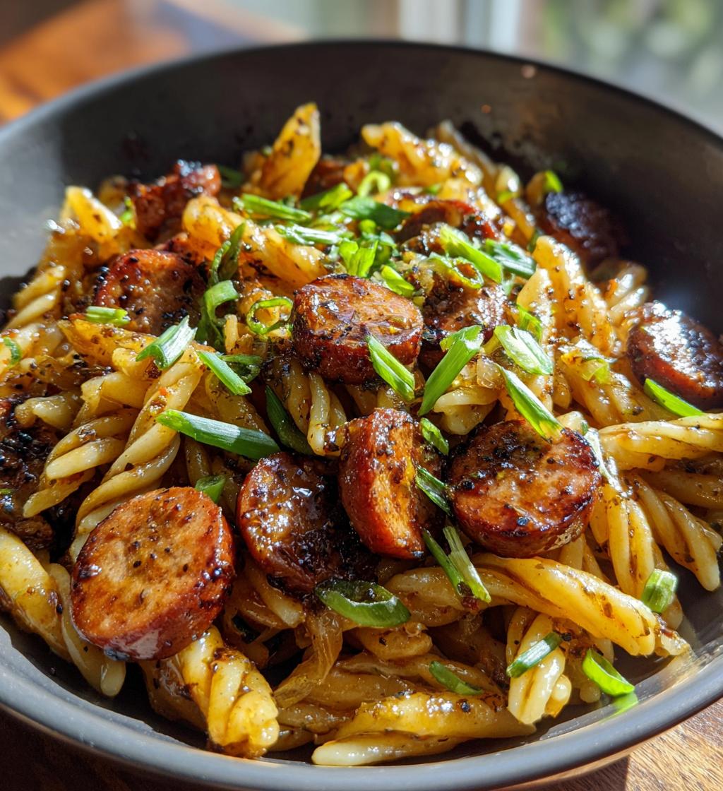 sticky honey garlic sausage pasta skillet - detail 1