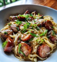 sticky honey garlic sausage pasta skillet