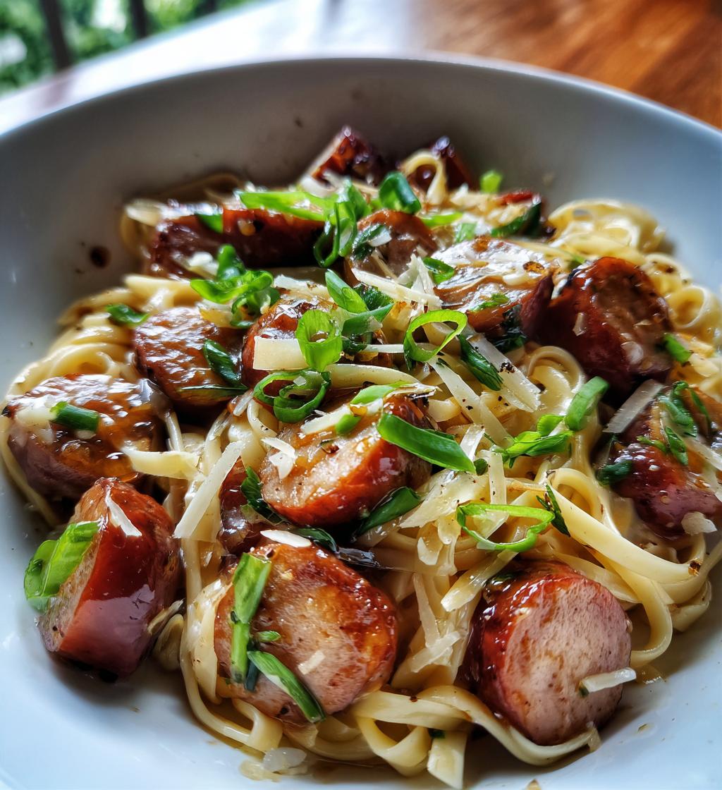 sticky honey garlic sausage pasta skillet
