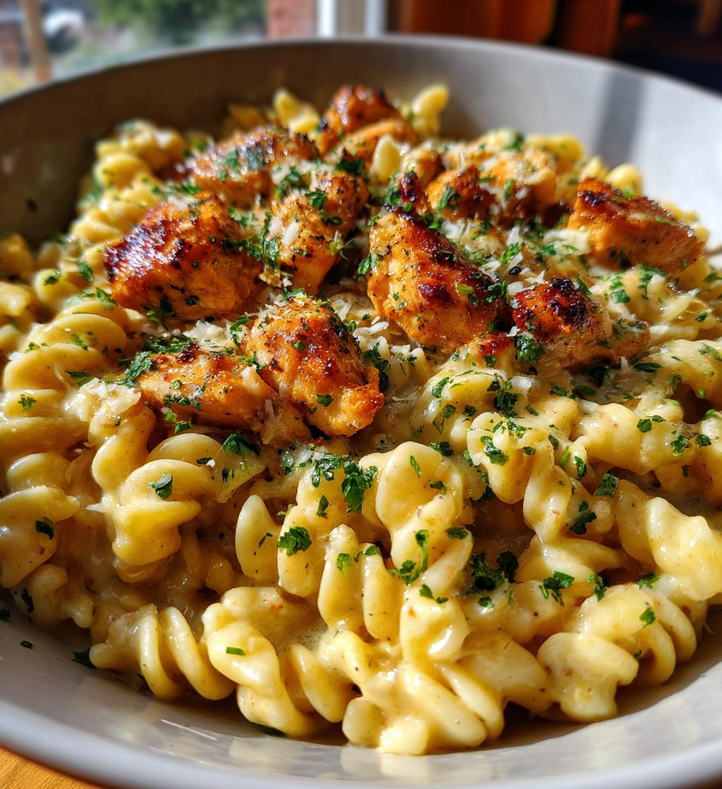 twisted pasta with honey garlic chicken and parmesan cream - detail 1