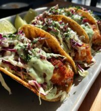 baja fish tacos with avocado crema