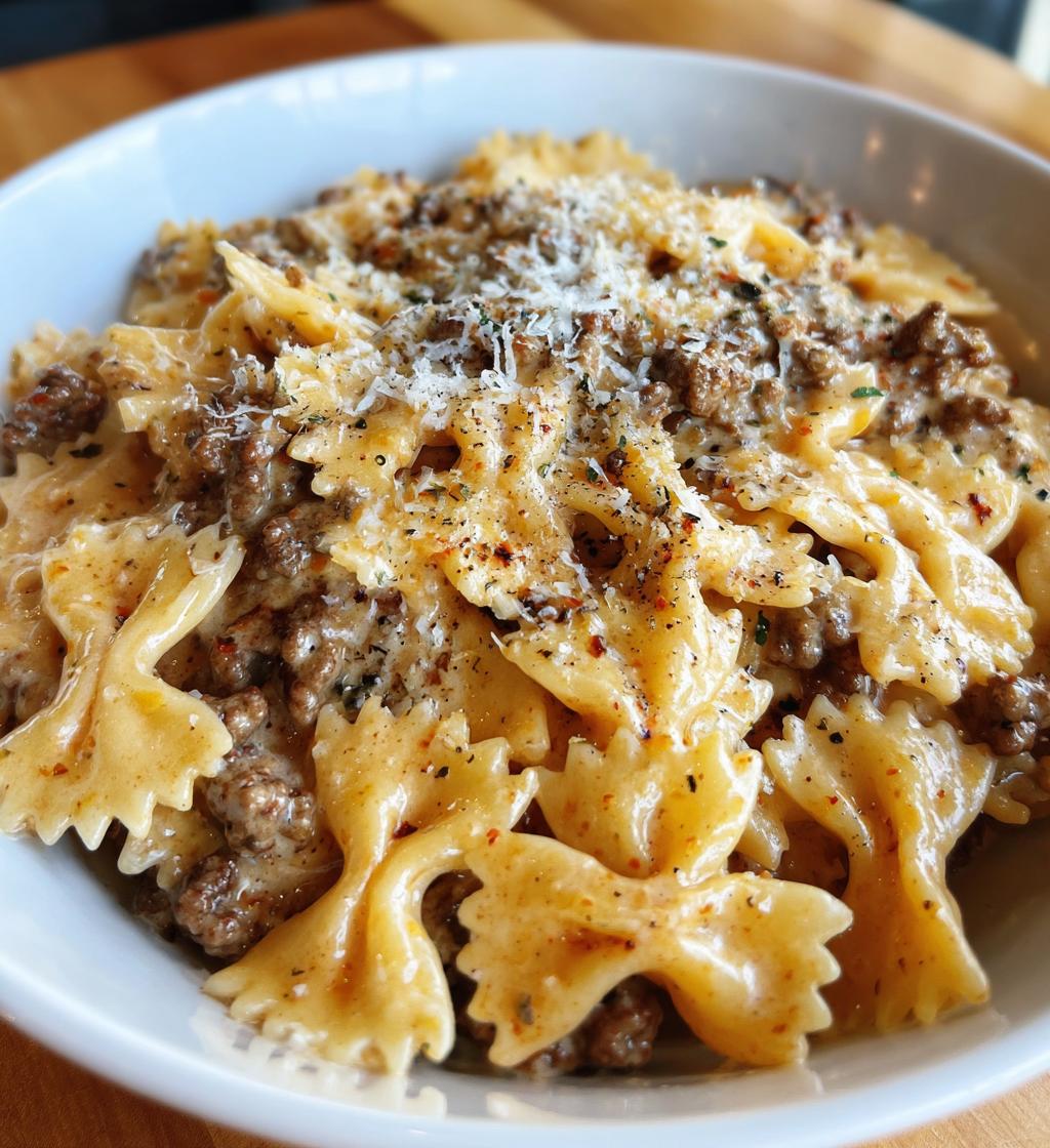 beef and bowtie pasta with alfredo sauce