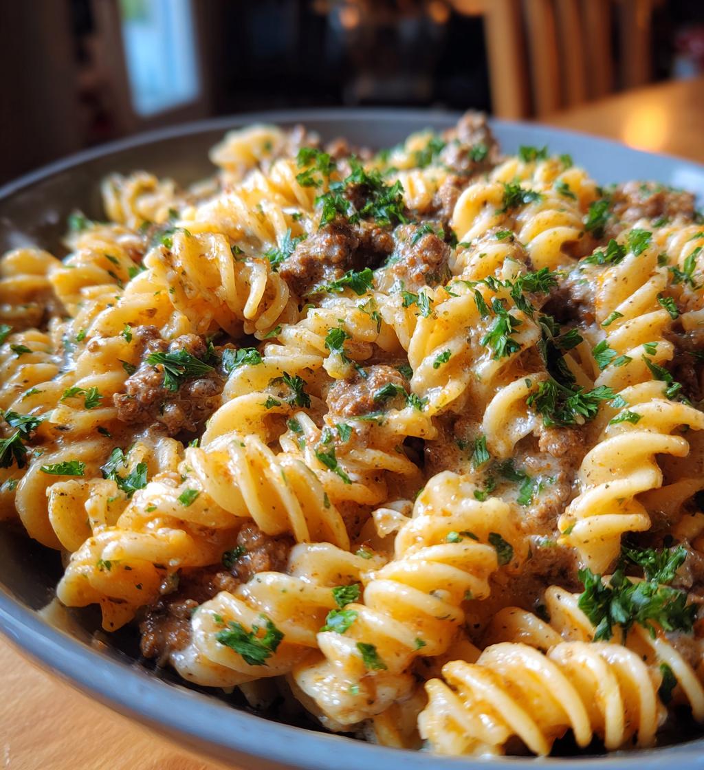 beef and rotini in garlic parmesan sauce