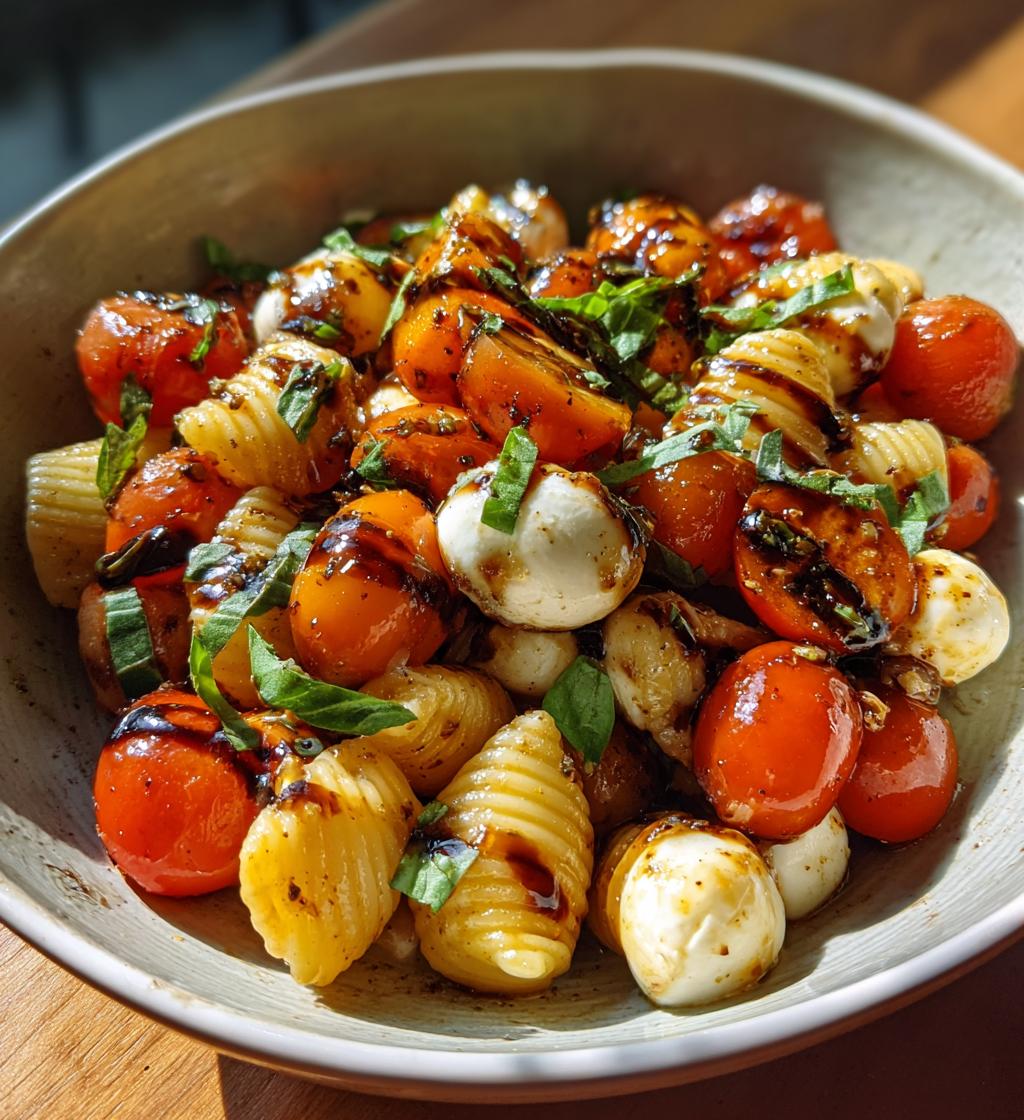 caprese pasta salad with balsamic glaze - detail 1