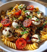 caprese pasta salad with balsamic glaze
