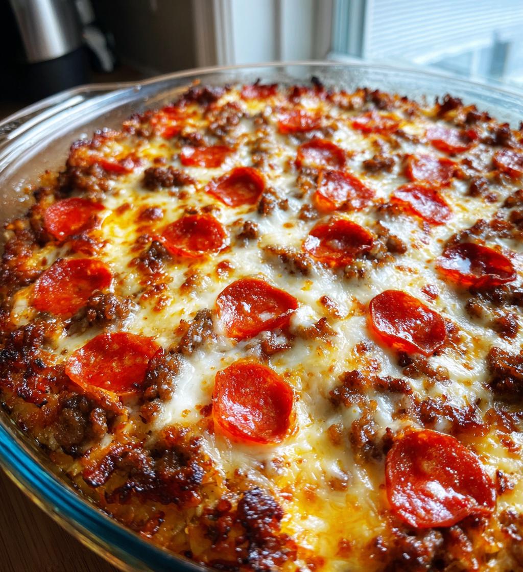cheesy meat lovers pizza casserole - detail 1