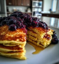 chickpea flour pancakes with blueberry compote