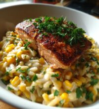 creamed corn orzo with salmon a cozy elegant meal