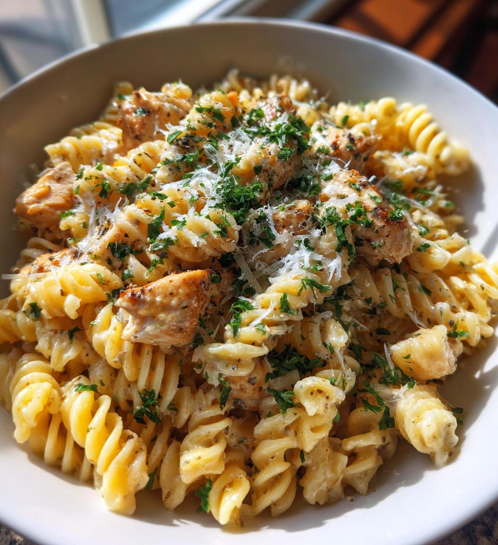 creamy garlic butter chicken rotini parmesan - detail 1