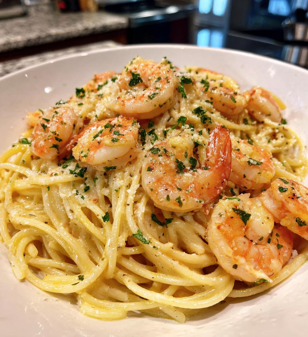 creamy garlic shrimp pasta - detail 1