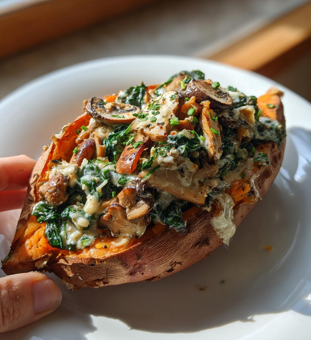 creamy mushroom spinach stuffed sweet potatoes