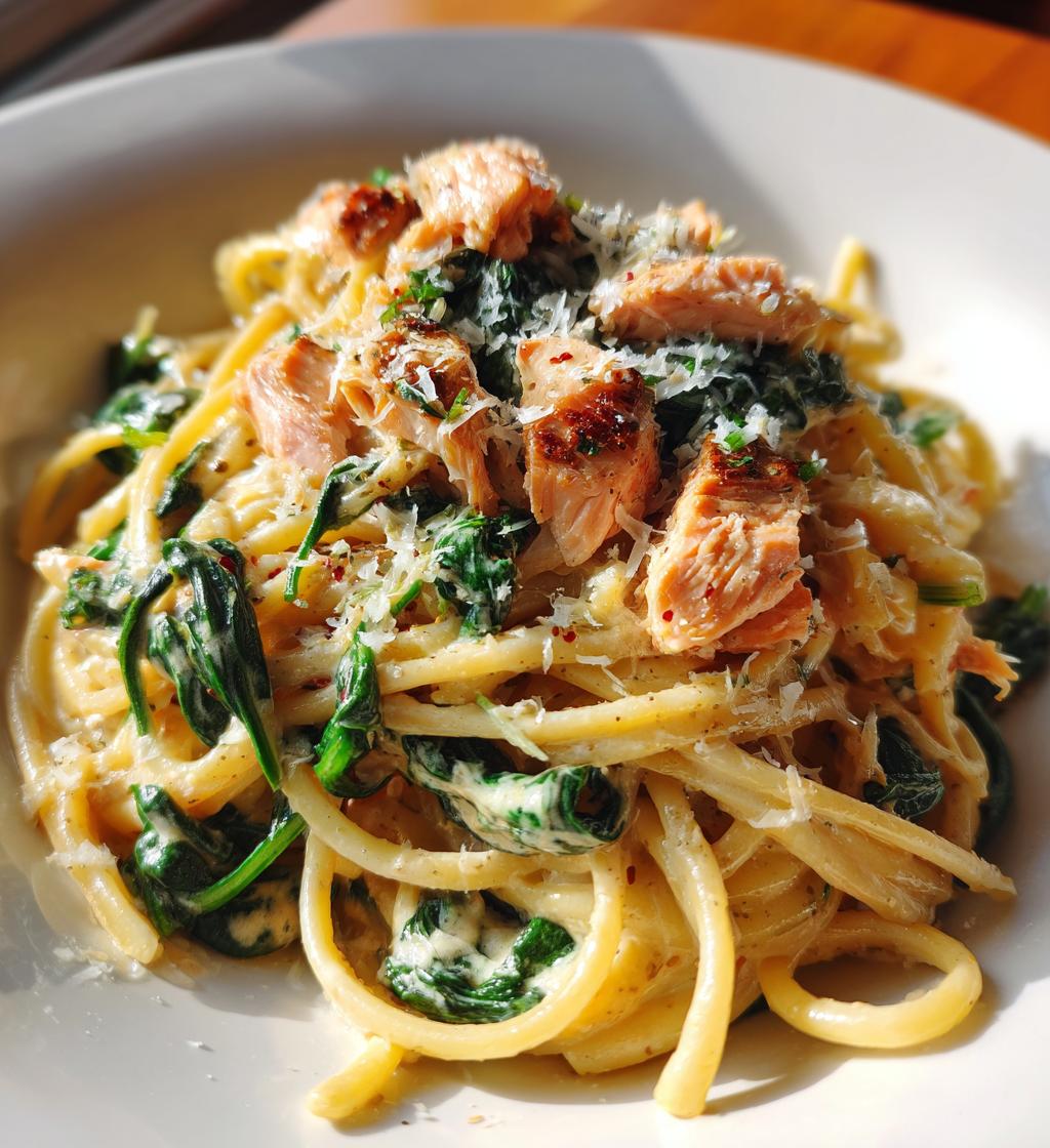 creamy salmon and spinach pasta - detail 1